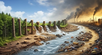Ilustración conceptual de un bosque verde que se convierte en árboles talados, suelo erosionado, cascadas turbias y un río contaminado, finalizando en fábricas humeantes.