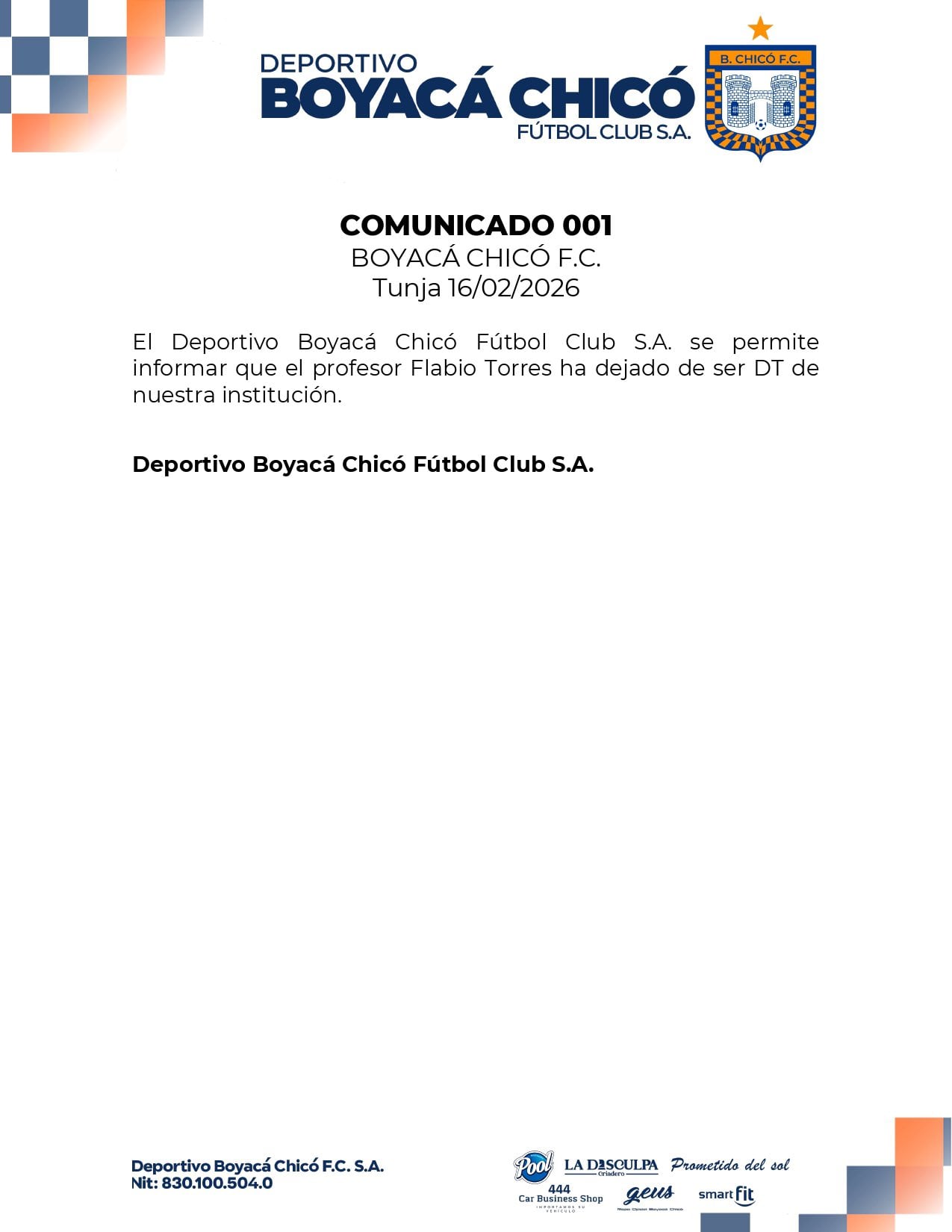 Comunicado de Boyacá Chicó sobre la continuidad de Flabio Torres - crédito Boyacá Chicó