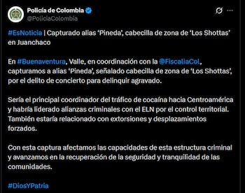 Alias Pineda cuenta con más de 15 años de trayectoria y registra cinco anotaciones judiciales por diversos delitos - crédito @PoliciaColombia/X