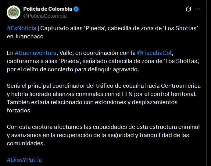 Alias Pineda cuenta con más de 15 años de trayectoria y registra cinco anotaciones judiciales por diversos delitos - crédito @PoliciaColombia/X