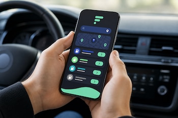 Dos manos sostienen un teléfono inteligente que muestra un mapa con iconos de estaciones de servicio en el interior de un automóvil.