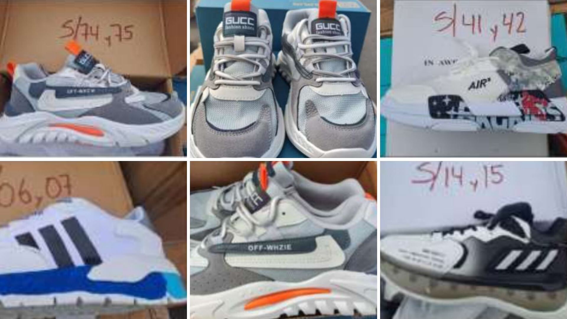 Un peruano importó zapatillas falsificadas de Gucci, Nike y Adidas y justificó que estas no buscaban hacerse pasar por estas marcas. - Crédito Composición Infobae/Edwin Montesinos/Captura de Indecopi