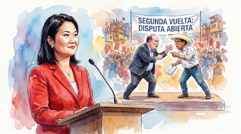 Keiko Fujimori sonríe detrás de un podio, a la derecha, Roberto Sánchez y Rafael López Aliaga discuten frente a una pancarta en acuarela.