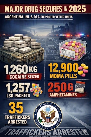 Infografía mostrando drogas incautadas: paquetes de cocaína, pastillas de MDMA, LSD, anfetaminas, y cifras de traficantes arrestados en 2025