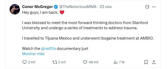 El posteo de Conor McGregor en el que cuenta su experiencia con la iboganía