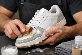 Primer plano de manos de una persona limpiando una zapatilla blanca y gris con un cepillo y jabón espumoso. Hay una toalla gris y productos de limpieza.