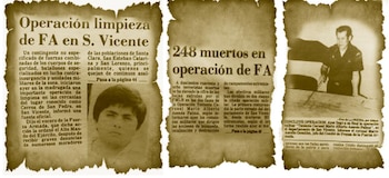 Fragmentos de prensa de 1982 reportan la “operación limpieza” de la Fuerza Armada en San Vicente y el saldo oficial de 248 muertos, reflejando cómo se comunicó la masacre de El Calabozo en medios de la época (Cortesía: Re-Cordis CNB-CONABÚSQUEDA).