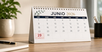 Calendario de escritorio de junio de 2026, día 29 marcado como feriado. Se ven un bolígrafo, cuaderno, planta en maceta y portalápices