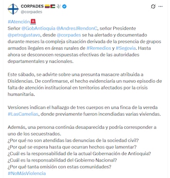 La organización social pidió a las autoridades locales y nacionales que atiendan la situación en la región - crédito @corpades/X
