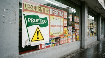 Vidriera de tienda con un sticker institucional verde y blanco de Profeco y un símbolo de advertencia amarillo sobre anuncios de descuentos y productos variados.