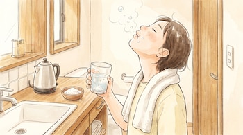 Ilustración de una persona con toalla al cuello haciendo gárgaras con agua y sal en un vaso, en un baño con lavabo, hervidor y cuenco de sal.