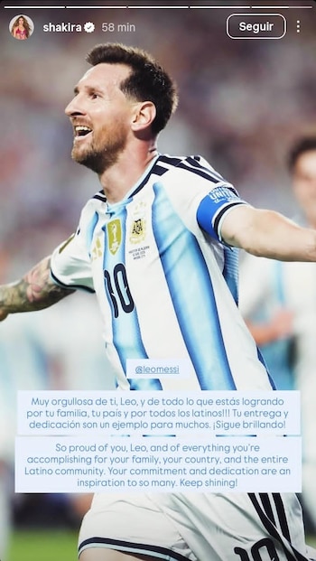 La dedicatoria de Shakira a Messi tras la clasificación con Argentina en el Mundial (@shakira)