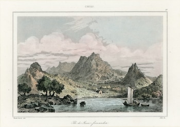 Grabado de las islas de Juan Fernández, Vander-Buch 1840. (Museo de Historia Natural de Valparaíso)