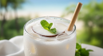 Vaso de vidrio con agua de coco cremosa helada, decorado con una rodaja de coco, hojas de menta fresca y un popote de bambú, sobre un fondo borroso de playa.