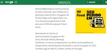 La información de Globo Esporte sobre la transferencia de Gustavo Cazonatti de Sporting Cristal a Mirassol.