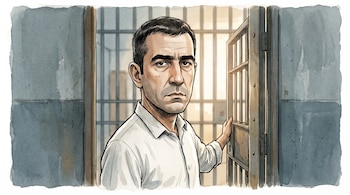 Caricatura de Mario José Redondo Llenas, hombre dominicano con camisa blanca, sosteniendo la puerta entreabierta de una celda de prisión.