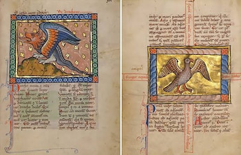 Dos páginas de manuscrito antiguo con escritura. La izquierda muestra un dragón alado. La derecha muestra un ave