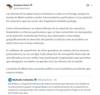 Gustavo Petro reaccionó a la auditoría de la Superintendencia de Salud al Fomag y aseguró que una red de corrupción vinculada a alias Papá Pitufo impidió la implementación del nuevo modelo de atención médica para los docentes - crédito @petrogustavo/X