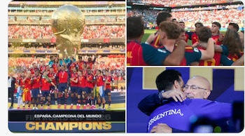 Collage de tres imágenes: futbolistas españoles celebran con el trofeo del Mundial 2026, grupo de jugadores abrazados y dos hombres que se abrazan, uno con camiseta de Argentina