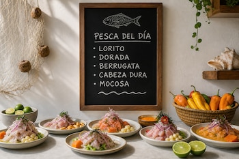 Pizarra negra de tiza sobre una mesa con seis platos de ceviche, limones, ajíes amarillos en una cesta y una red decorativa.