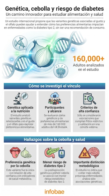 Infografía con título 'Genética, cebolla y riesgo de diabetes', que muestra ADN, cebollas y iconos de estudio, hallazgos y el logo de Infobae.