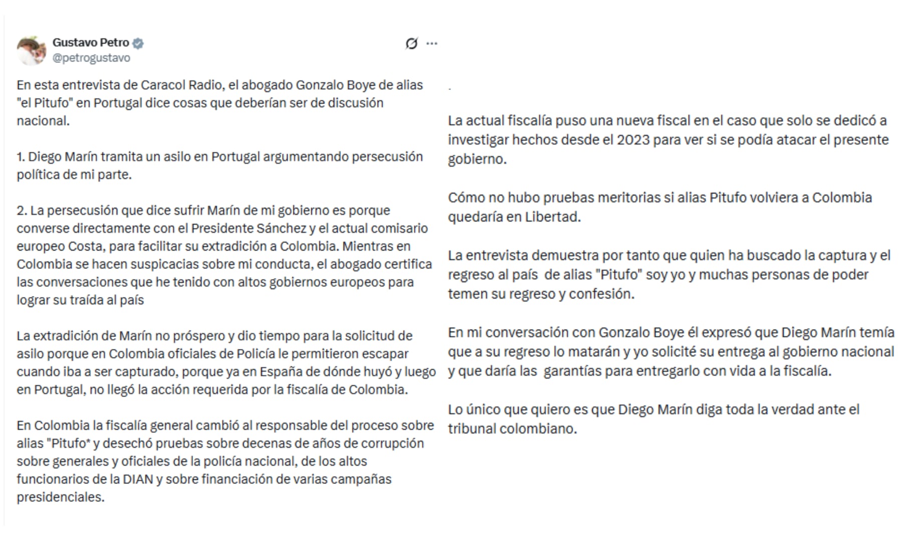 El presiente Gustavo Petro entregó detalles de lo que conversó con el abogado de alias Papá Pitufo - crédito @petrogustavo/X