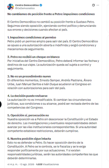 El Centro Democrático aseguró que sigue siendo opositor de Gustavo Petro - crédito @CeDemocratico/X