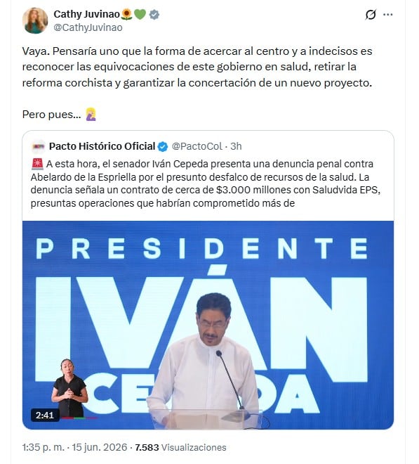 Cathy Juvinao rechazó la forma en que el candidato del Pacto Histórico busca atraer a los votantes indecisos - crédito @CathyJuvinao/X