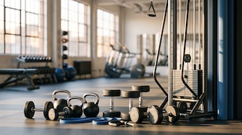 Mancuernas, pesas rusas y bandas elásticas en primer plano sobre el suelo de un gimnasio; máquinas de fuerza y ventanales con luz de tarde al fondo.
