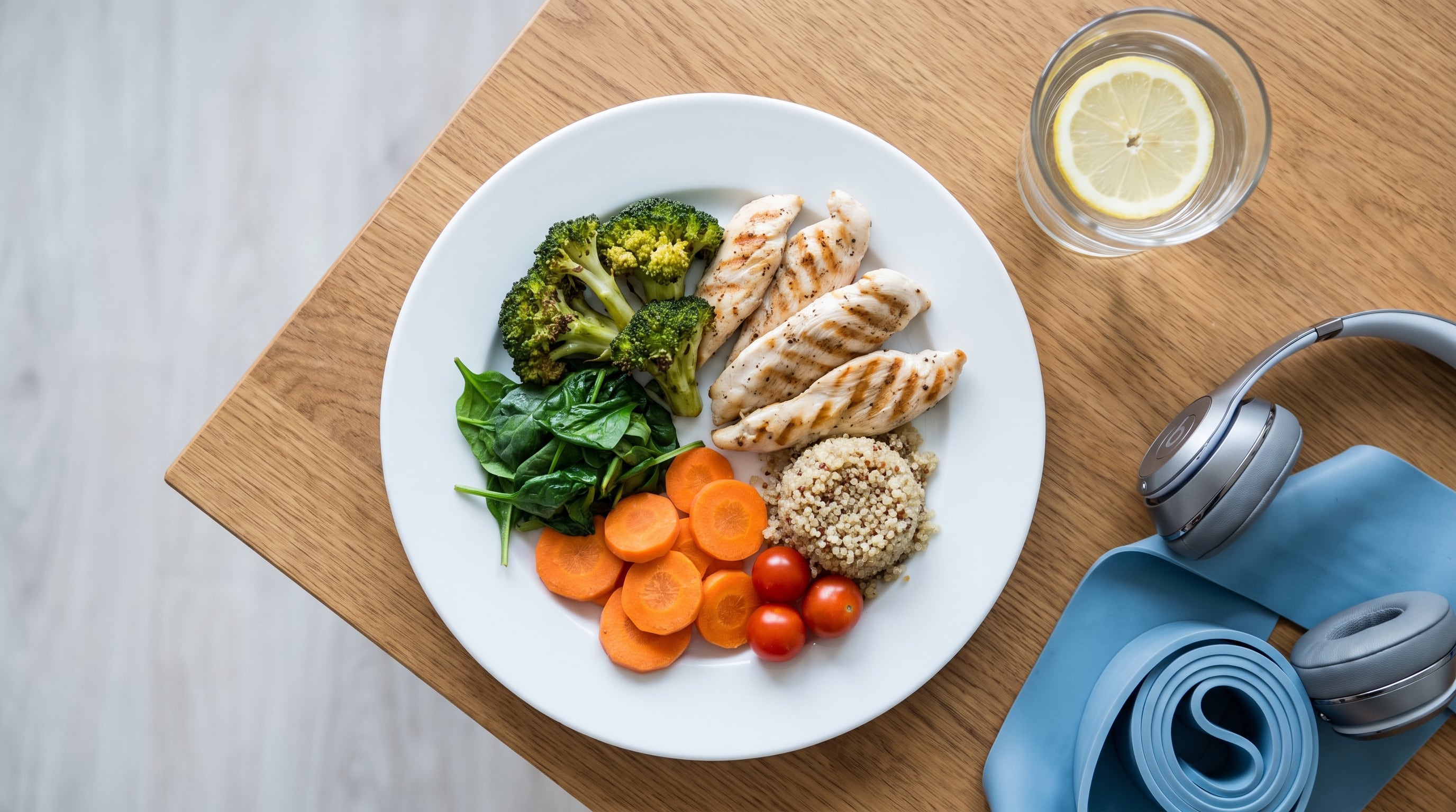 La imagen ilustra una comida balanceada compuesta de vegetales, proteína y carbohidratos junto a accesorios deportivos, indicando un estilo de vida de bienestar. (Imagen Ilustrativa Infobae)