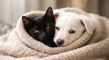Un gato negro y un perro blanco asoman la cabeza desde el interior de una manta de lana tejida de color beige.
