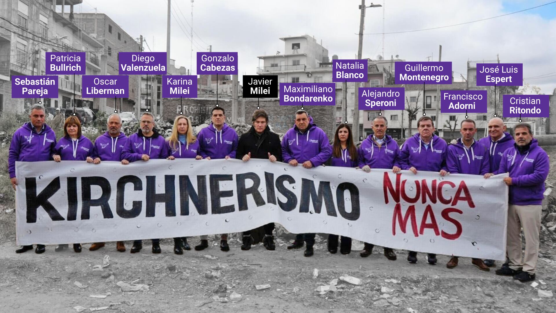 La foto de los dirigentes, incluido Cristian Ritondo, con el buzo violeta. Fue en el inicio de la campaña de la provincia de Buenos Aires