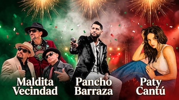 Tres músicos, Pancho Barraza, Maldita Vecindad y Paty Cantú ilustrada, sobre un fondo tricolor verde, blanco y rojo con fuegos artificiales.