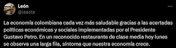 Comentarios en redes sociales sobre fila en restaurante en Bogotá (foto 1) - crédito captura de patnalla X