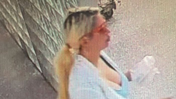 Perfil de una mujer rubia con cola de caballo y gafas, vestida con ropa clara, captada en una imagen granulada de videovigilancia