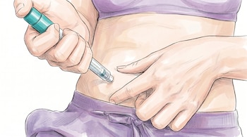 Dibujo de una persona con abdomen visible sosteniendo un inyector tipo pluma que aplica una inyección en la piel del estómago. Viste ropa interior o deportiva lila.