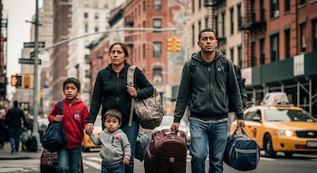 Familia de cuatro, dos adultos y dos niños, camina por una calle urbana con maletas. Un taxi amarillo y edificios de ladrillo se ven al fondo.