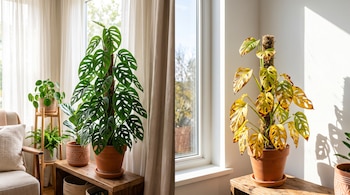 Dos macetas de Monstera adansonii junto a ventanas: la izquierda tiene hojas verdes y la derecha presenta hojas amarillas con bordes secos.