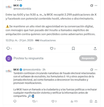 Alto nivel de agresividad en la conversación digital durante los comicios, según la MeOE - crédito @moecolombia/X