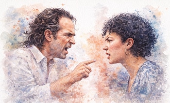 Ilustración acuarela de Fico Gutiérrez y Isabel Zuleta. Fico, con boca abierta y dedo acusador, frente a Isabel, con expresión de fuerte reacción.