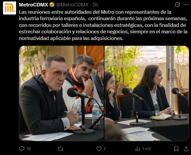 Representantes de la industria ferroviaria española visitan el Metro de la CDMX para explorar posibles acuerdos de modernización y refaccionamiento, en el contexto de la preparación de la ciudad para el Mundial 2026.