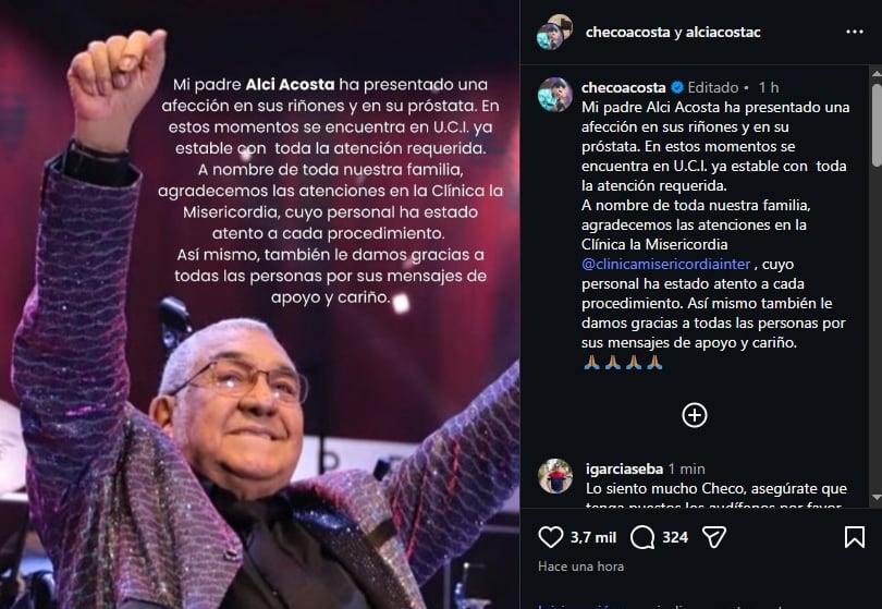 Checo Acosta confirmó que el cantante Alci Acosta está estable y bajo observación médica en la Clínica La Misericordia Internacional - crédito checoacosta / Instagram