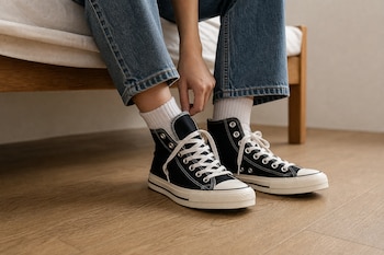 Pies de una persona con calcetines blancos y vaqueros azules que ajusta unas zapatillas altas de tela negra sobre un suelo de madera.