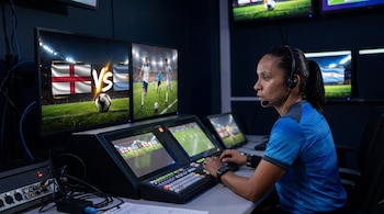 Una mujer con auriculares se sienta frente a múltiples monitores y un panel de control con botones, supervisando imágenes de un partido de fútbol con banderas de Inglaterra y Argentina.