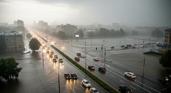 Vista aérea de una avenida principal en una ciudad, con carriles inundados y vehículos moviéndose lentamente bajo una lluvia intensa y un cielo nublado.