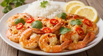 Plato blanco con camarones grandes bañados en salsa de mantequilla y ajo, decorado con trozos de chile rojo y cilantro, acompañado de arroz blanco y rodajas de limón.