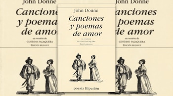 Portada del libro "Canciones y poemas de amor" de John Donne, con ilustración de un hombre y una mujer en vestimenta de época. Fondo a juego desenfocado.