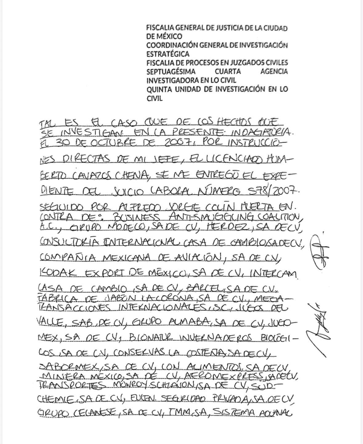 Parte de la declaración atribuida a Irene León Escamilla ante la entonces Procuraduría General de Justicia de la Ciudad de México. Crédito: Especial