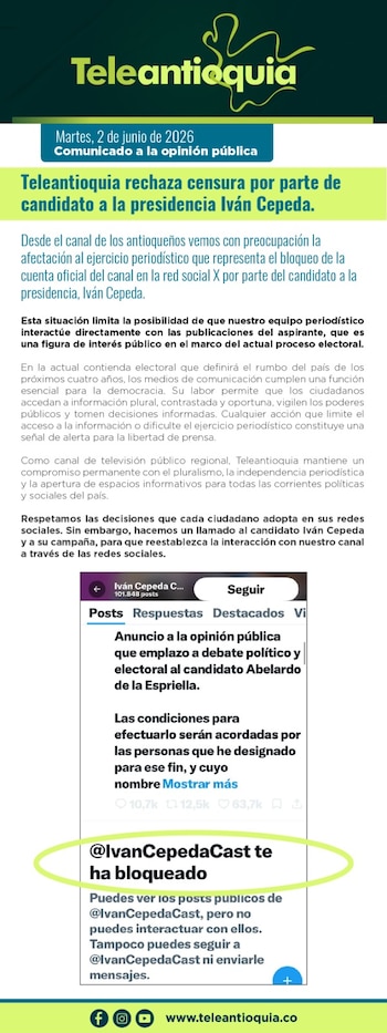 Teleantioquia denunció que el bloqueo digital de Iván Cepeda limita el ejercicio periodístico y restringe el acceso a información pública - crédito @Teleantioquia / X