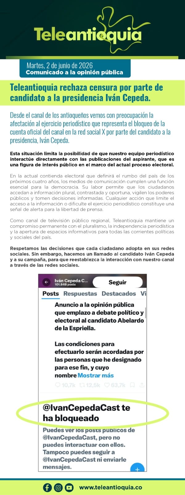 Teleantioquia denunció que el bloqueo digital de Iván Cepeda limita el ejercicio periodístico y restringe el acceso a información pública - crédito @Teleantioquia / X